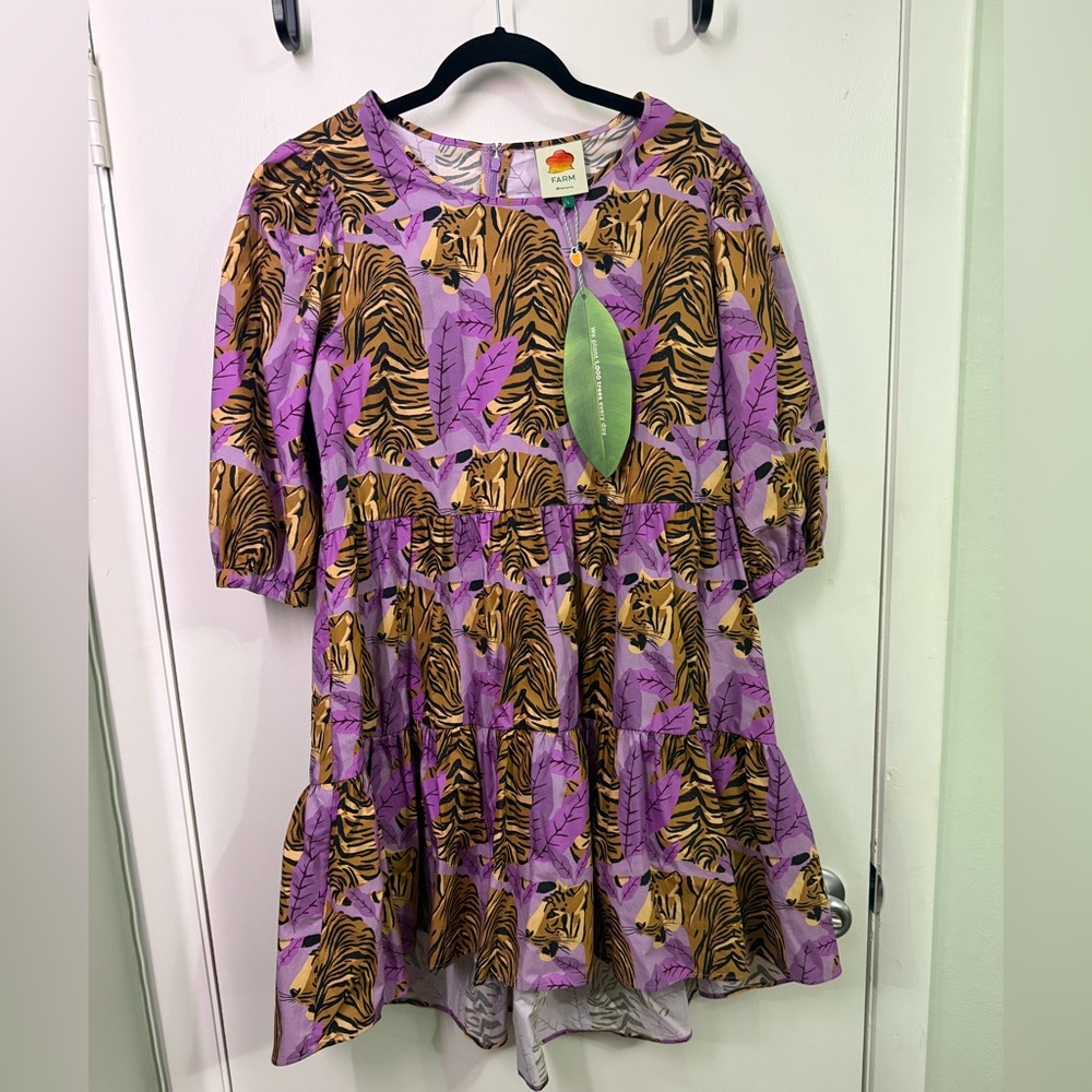 Farm Rio Tiger Leaves Lavender Puff Sleeve Mini Dress Large